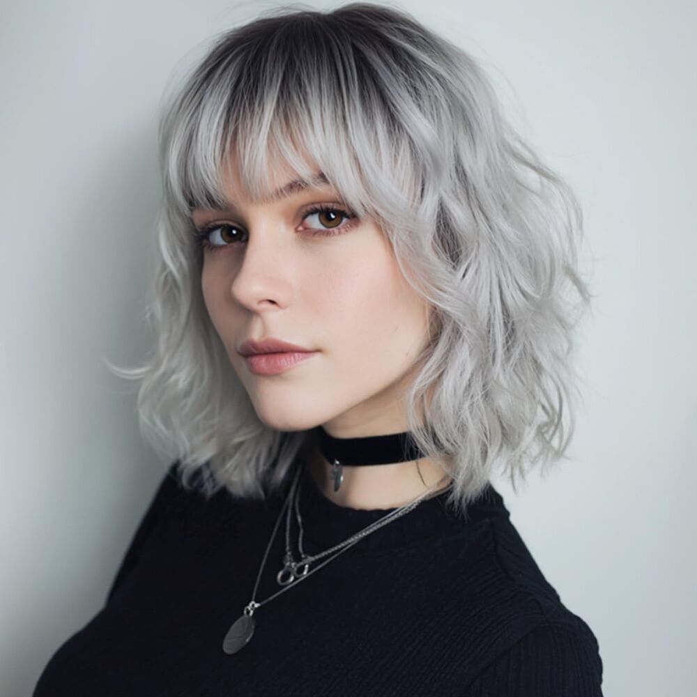 Short Silver Wavy Bob Wig with Bangs - 22 Inch